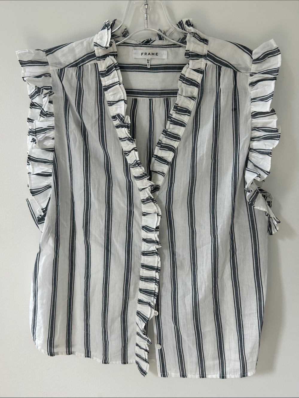 FRAME Lauren Ruffled Striped Ramie Blouse